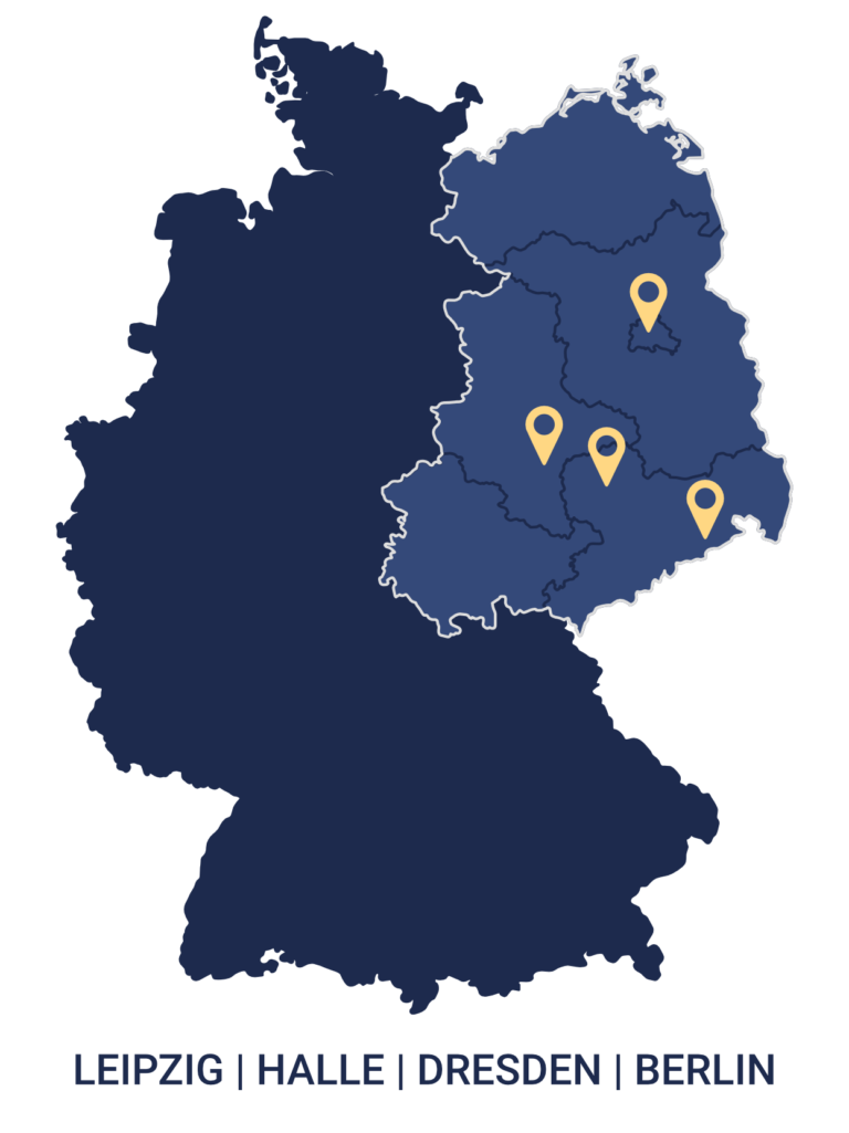 Karte der Regionen in denen PNP Invest tätig ist: Leipzig, Halle, Dresden, Berlin